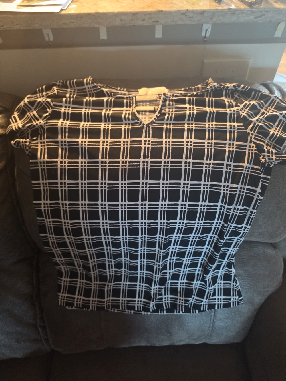 Talbots Black and White Plaid V-Neck Short Sleeve Top